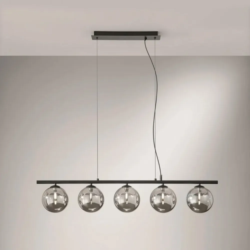 Sospensione metallo lineare con sfere vetro 5 luci G9 2 colori art HONEY-SQ5 FANEUROPE