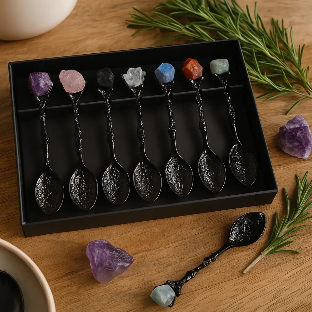 Set di 7 cucchiai da strega di cristallo, argento scuro