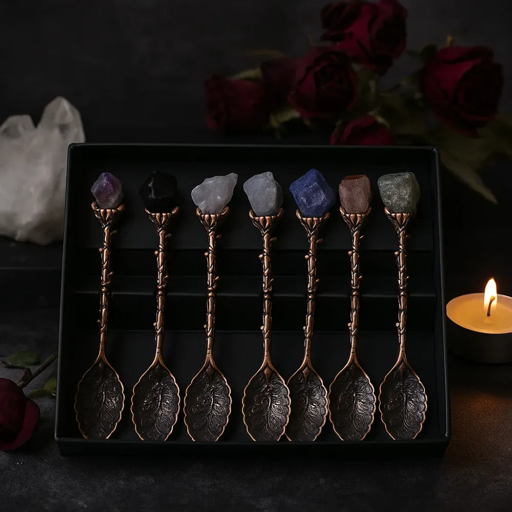 Set di 7 cucchiai da strega cristallo di pietra preziosa di bronzo
