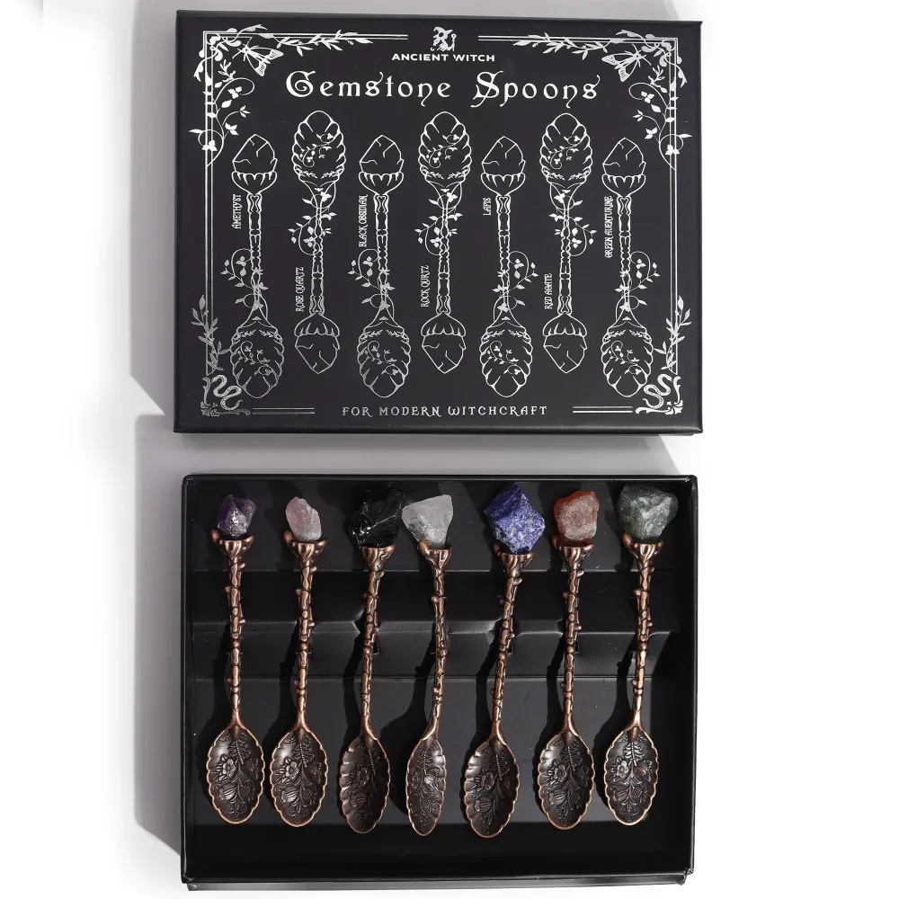 Set di 7 cucchiai da strega cristallo di pietra preziosa di bronzo