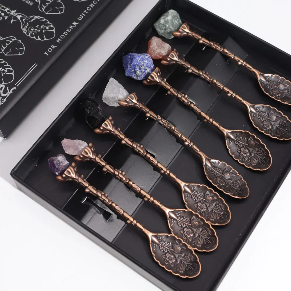 Set di 7 cucchiai da strega cristallo di pietra preziosa di bronzo