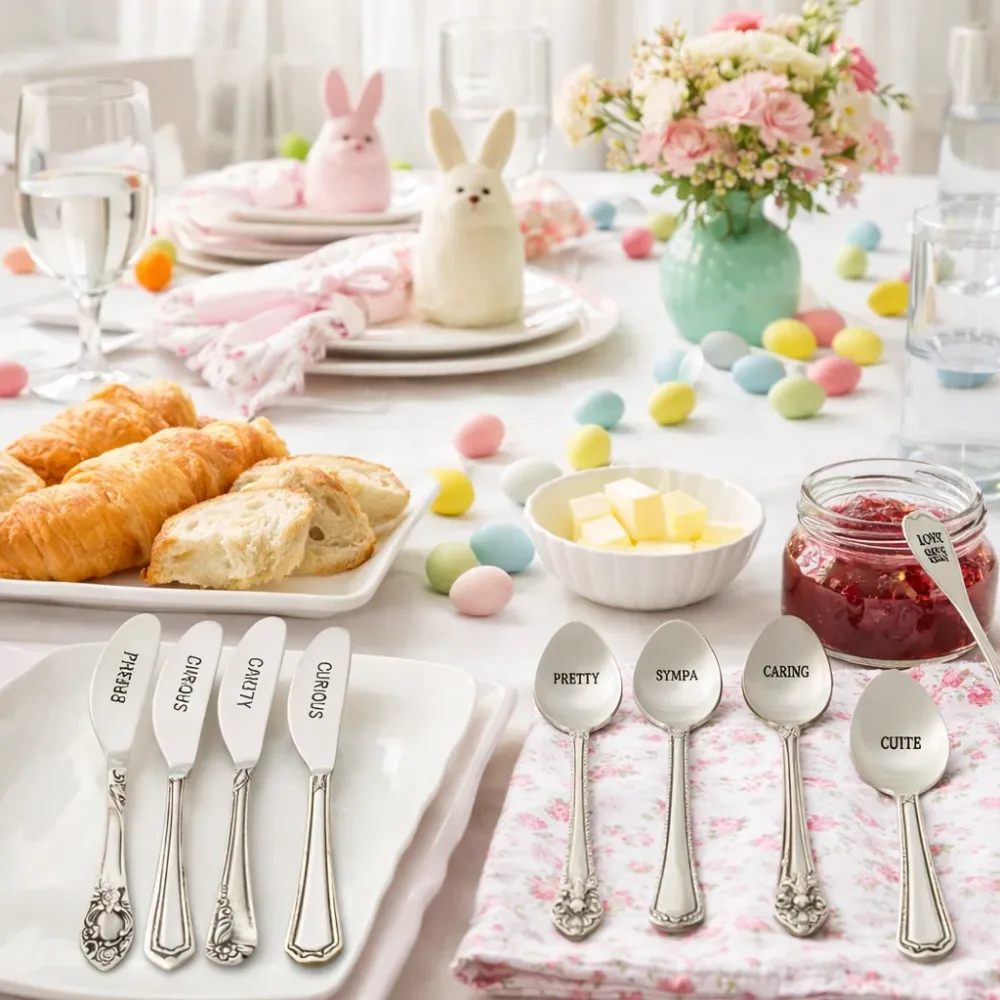 Scatola con 4 Cucchiaini da Dessert Decorativi Acciaio Finitura Argento