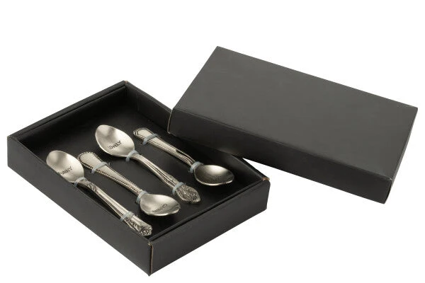 Scatola con 4 Cucchiaini da Dessert Decorativi Acciaio Finitura Argento