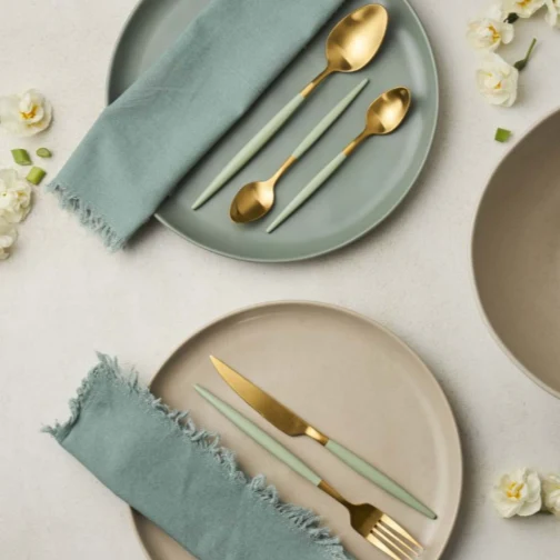 Set 6 Forchette da Tavola Acciaio Dorato con Manico Resina Verde Salvia
