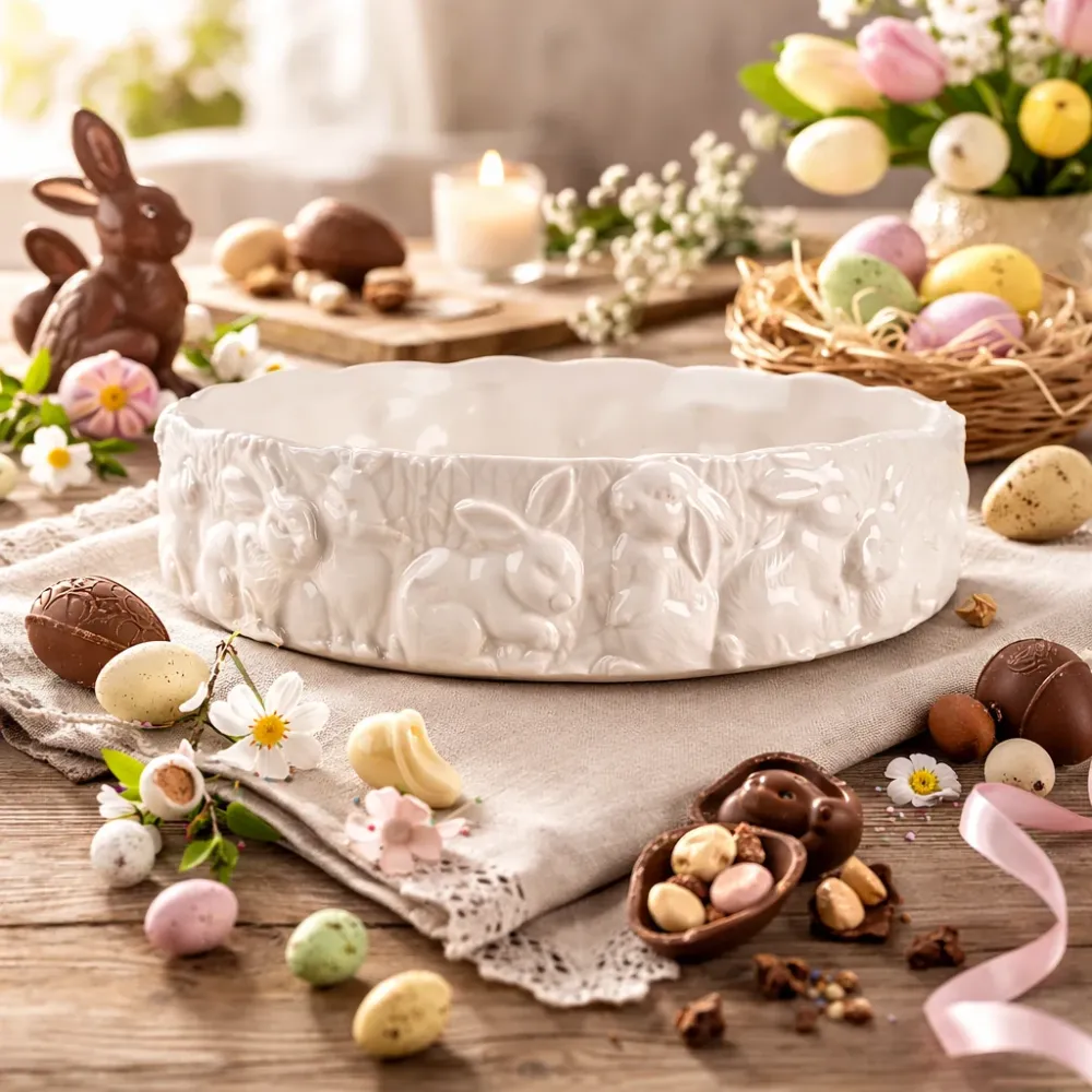 Portacioccolatini Decorativo Pasquale Ceramica Bianca con Conigli – Ø20x5 cm