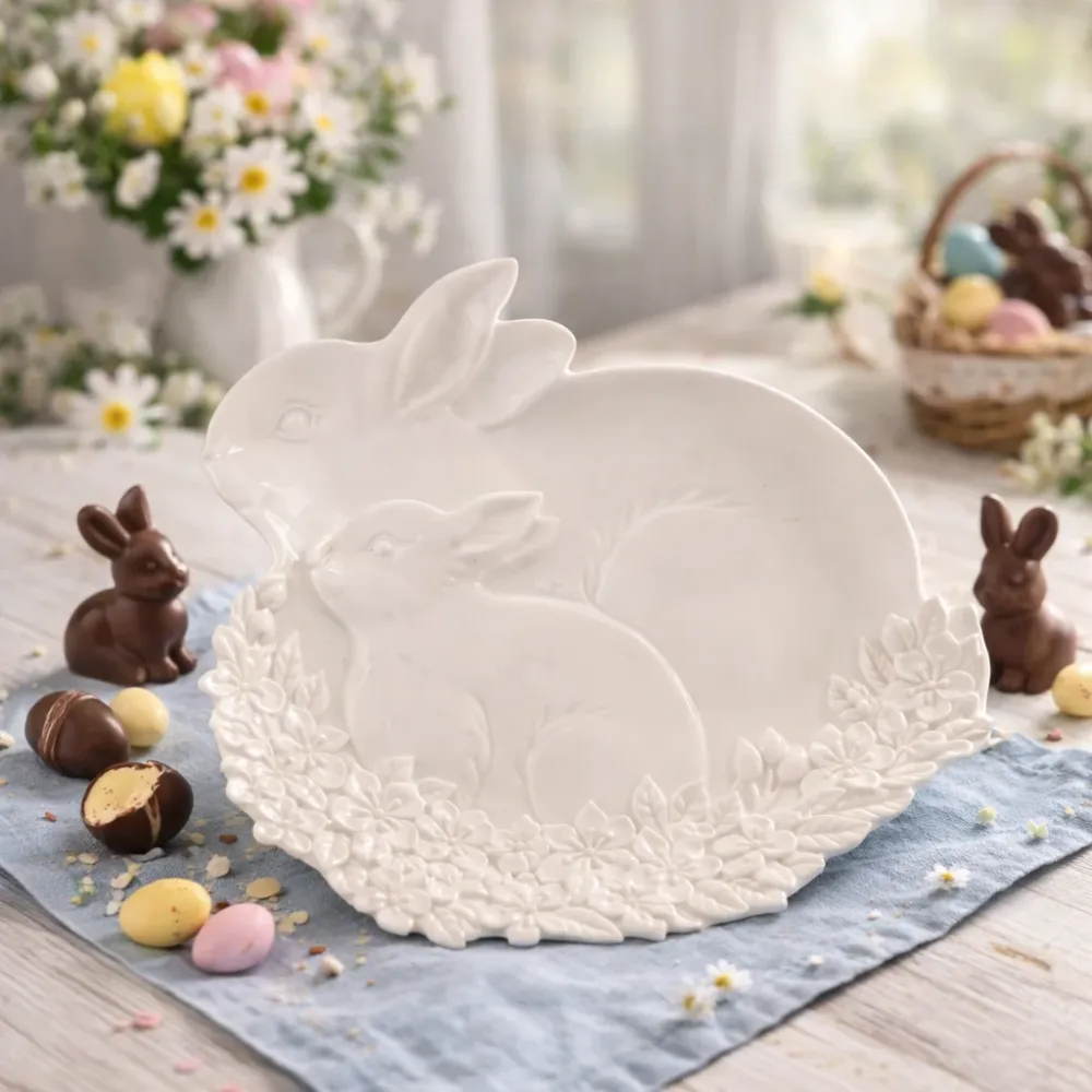 Portacioccolatini Decorativo Pasquale Forma di Coniglio Ceramica Bianca – 23x24x2 cm