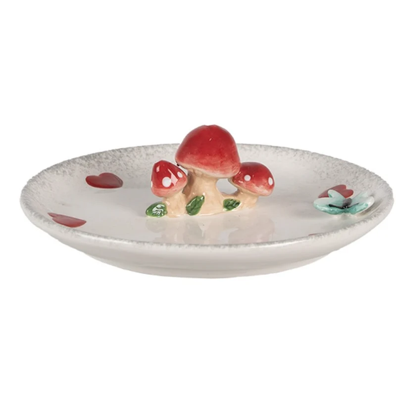 Vassoio Decorativo Ceramica con Funghi e Cuori Ø 21 cm per la Tavola