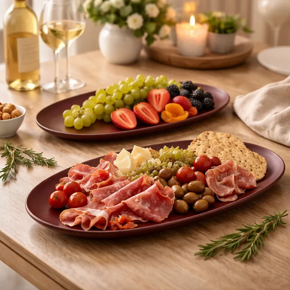 Set 2 Vassoi Ovali Decorativi Metallo Rosso Bordeaux