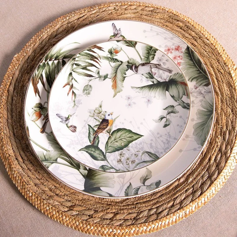 Piatto Frutta Ø 20 cm Porcellana Bianca con Foglie e Uccelli