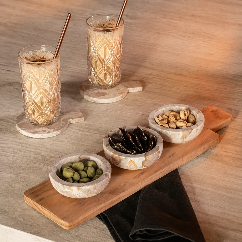 Set Aperitivo Marmo Naturale Beige con Base Legno