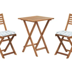 Acacia Wood Garden Bistro Set Blue Triangles Cushions FIJI con Portabicchiere Integrato