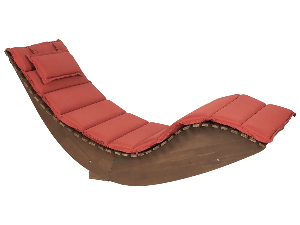 Acacia Wood Garden Sun Lounger Dark Cushion Red BRESCIA con Portabicchiere Integrato