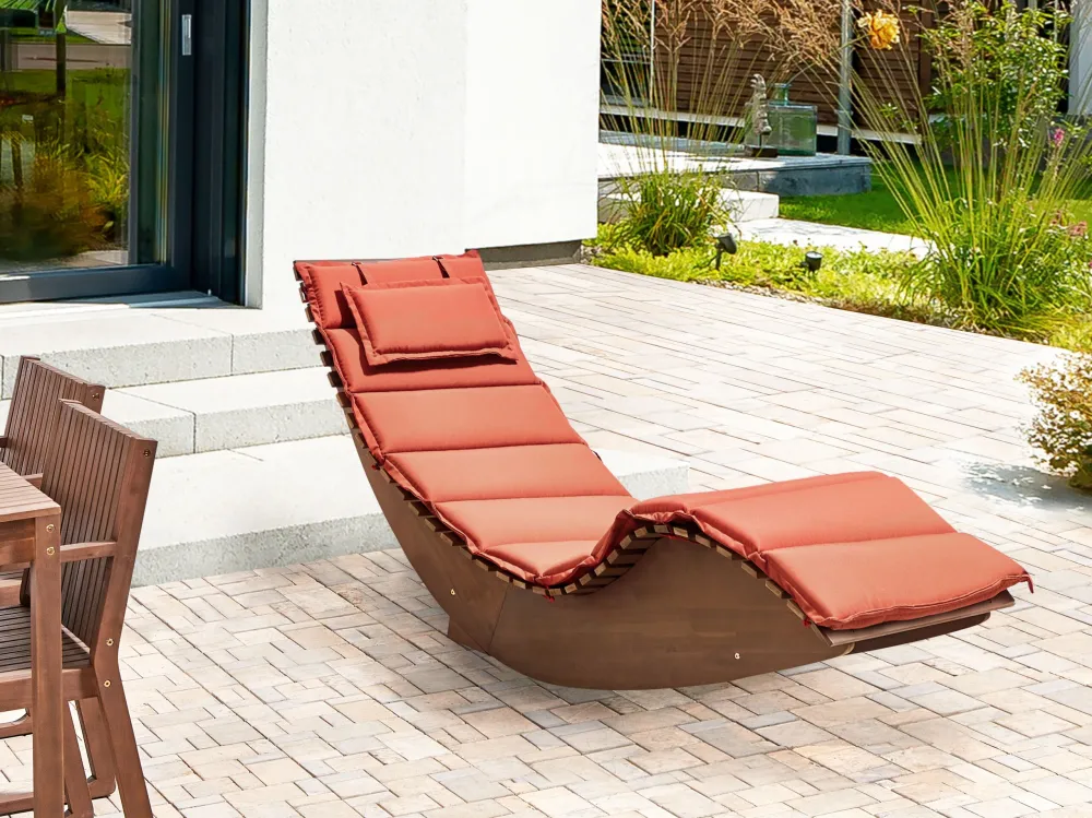 Acacia Wood Garden Sun Lounger Dark Cushion Red BRESCIA con Portabicchiere Integrato
