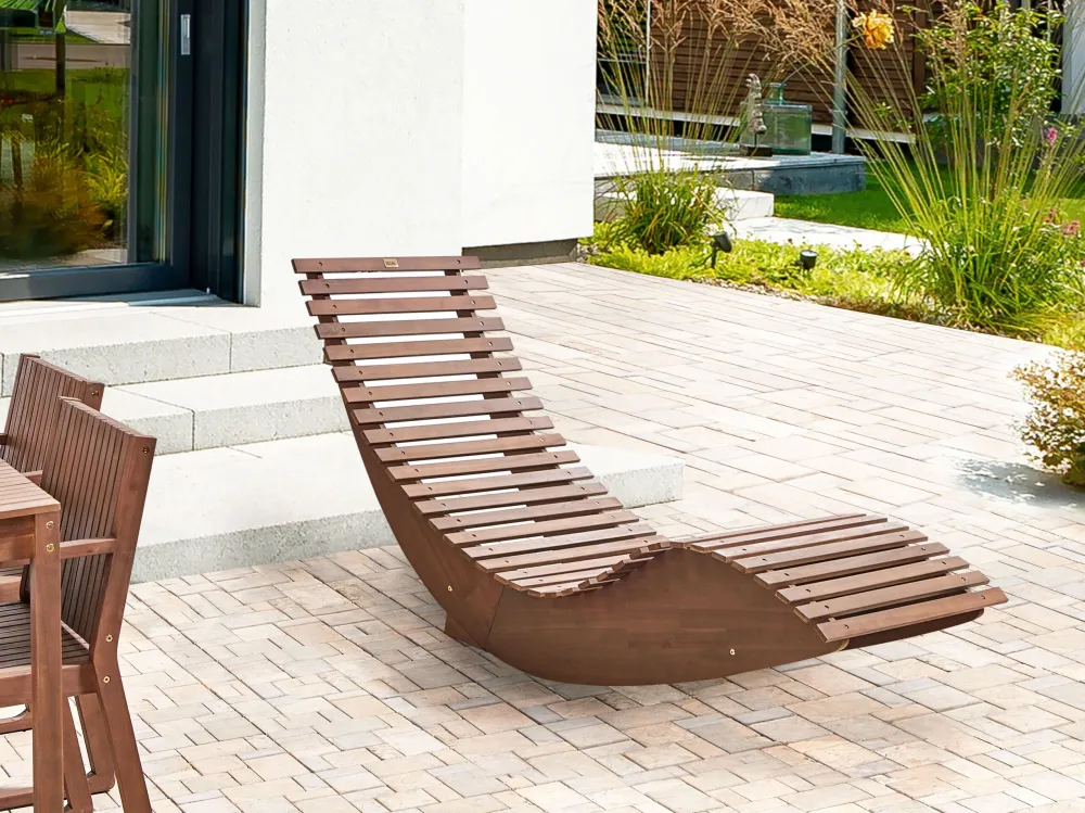 Acacia Wood Garden Sun Lounger Dark Cushion Red BRESCIA con Portabicchiere Integrato