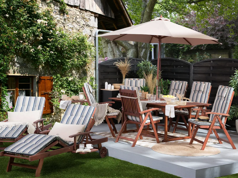 Chaise longue legno di acacia con cuscino righe blu sabbia TOSCANA