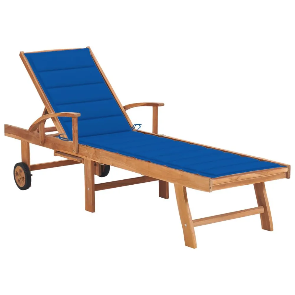 Confortevole Ergonomico Lettino Prendisole con Cuscino Massello di Teak Blu Reale