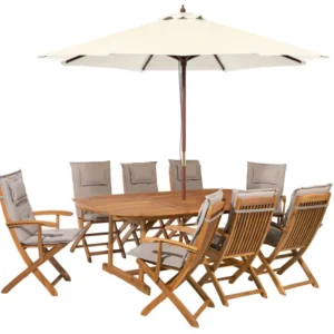 Confortevole Ergonomico 8 Seater Acacia Wood Garden Dining Set Parasol and Taupe Cushions MAUI