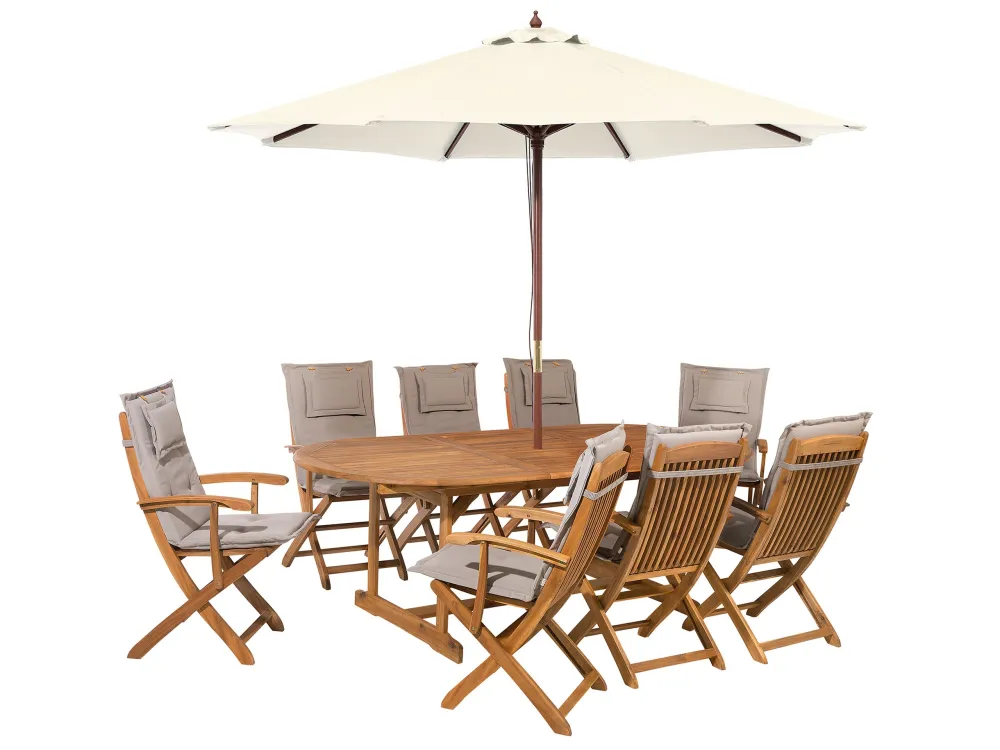 Confortevole Ergonomico 8 Seater Acacia Wood Garden Dining Set Parasol and Taupe Cushions MAUI