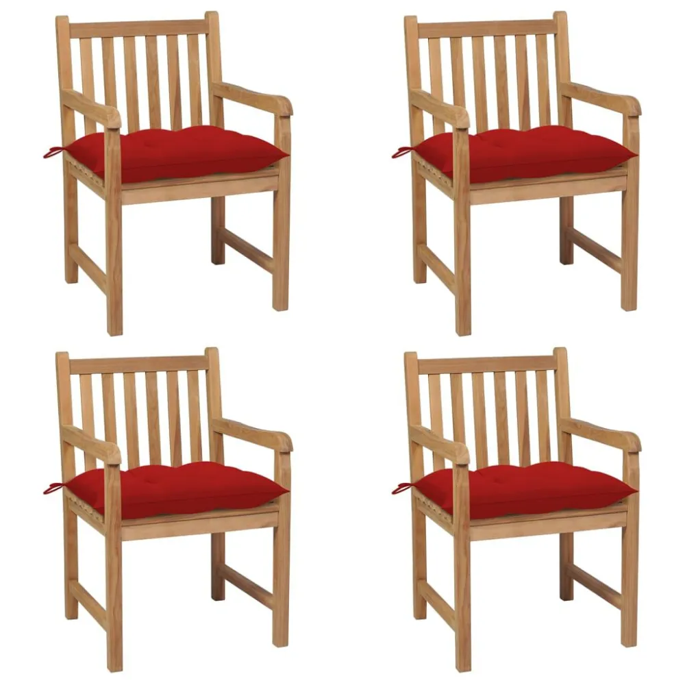 Confortevole Ergonomico Sedie da Giardino 4 pz con Cuscini Rossi Massello di Teak
