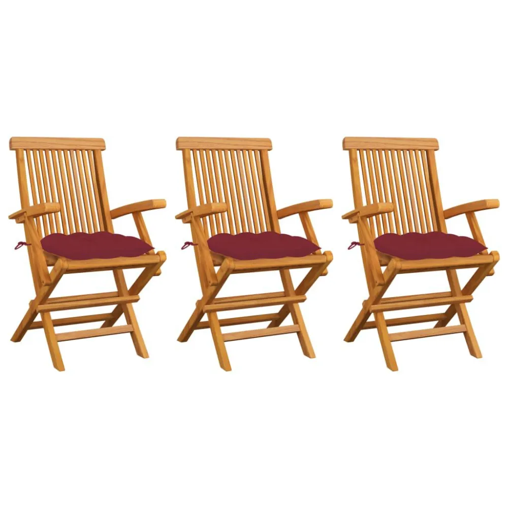 Confortevole Ergonomico Sedie Giardino con Cuscini Rosso Vino 3 pz Legno Massello Teak