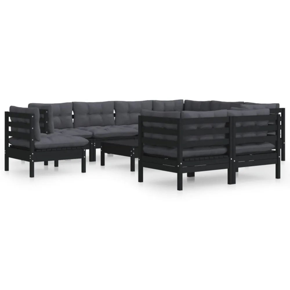 Confortevole Ergonomico Set Divani da Giardino 10 pz con Cuscini Neri Legno di Pino