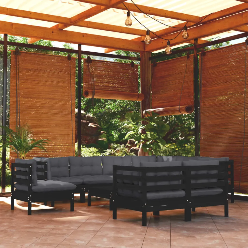 Confortevole Ergonomico Set Divani da Giardino 10 pz con Cuscini Neri Legno di Pino