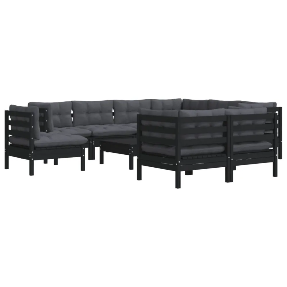 Confortevole Ergonomico Set Divani da Giardino 10 pz con Cuscini Neri Legno di Pino