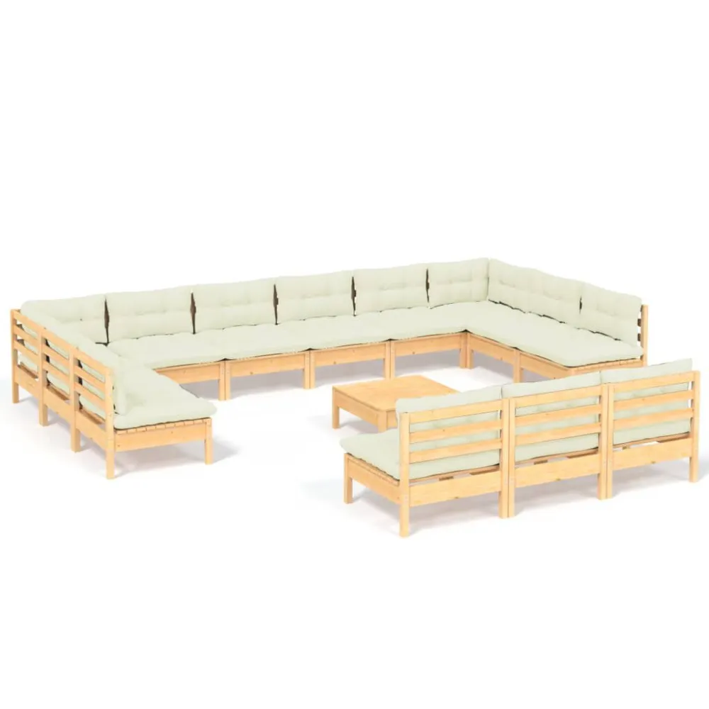 Confortevole Ergonomico Set Divani da Giardino 14 pz con Cuscini Crema Massello di Pino