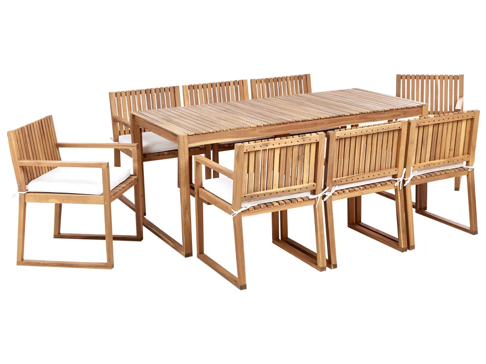 Confortevole Ergonomico Set da giardino legno di acacia 8 posti con cuscini bianco macchiato SASSARI II