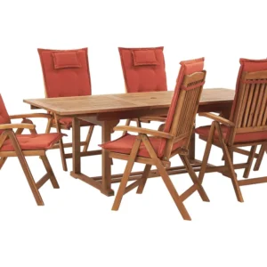 Confortevole Ergonomico Set tavolo e 6 sedie legno di acacia con cuscini terracotta JAVA