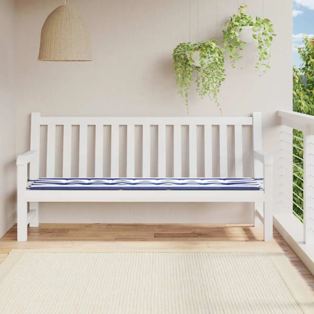 Cuscino Panca Giardino Righe Bianche e Blu 200x50x3 cm Tessuto Legno Massello