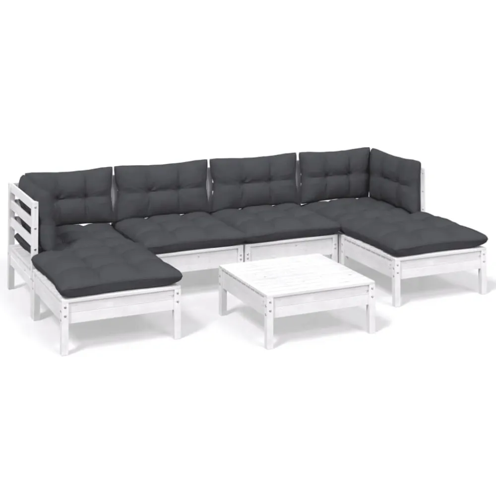 Design Esclusivo Set Divani da Giardino 7 pz con Cuscini Bianchi Legno di Pino