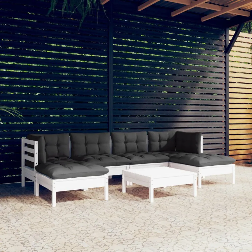 Design Esclusivo Set Divani da Giardino 7 pz con Cuscini Bianchi Legno di Pino