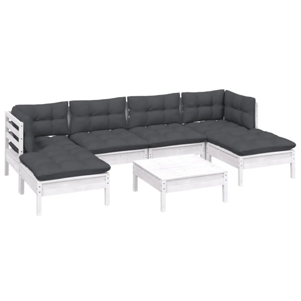 Design Esclusivo Set Divani da Giardino 7 pz con Cuscini Bianchi Legno di Pino