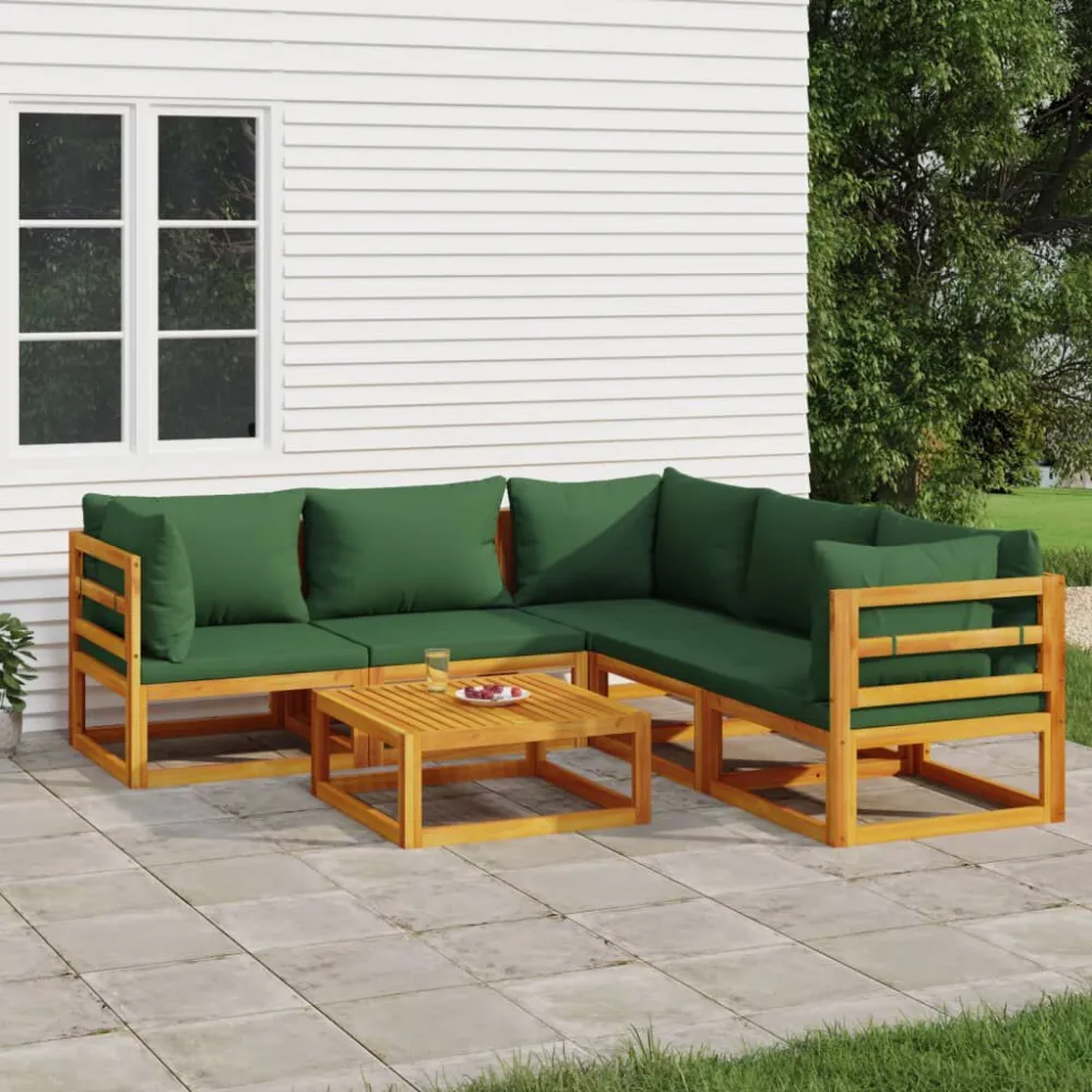 Design Esclusivo Set Salotto da Giardino 6pz con Cuscini Verdi Legno Massello