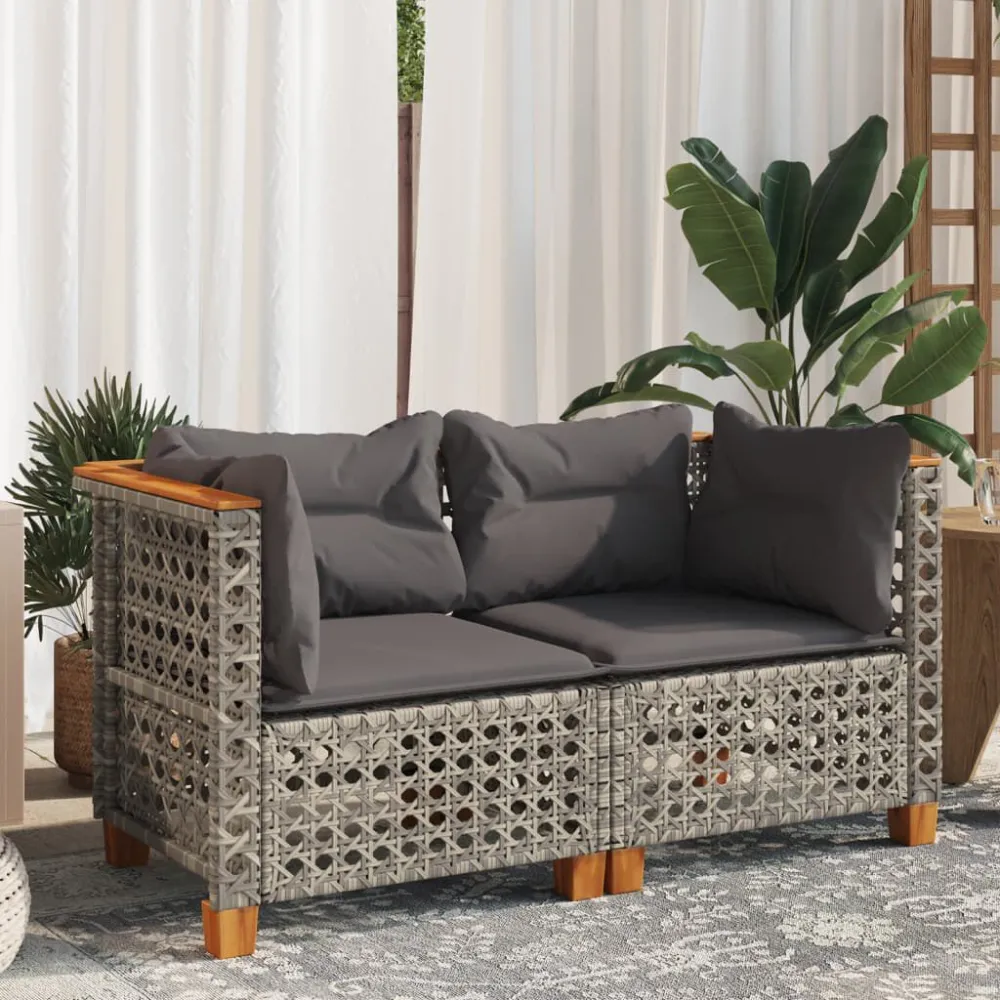 Divani Angolari da Giardino con Cuscini 2pz Polyrattan Grigio con Rivestimento Tessuto