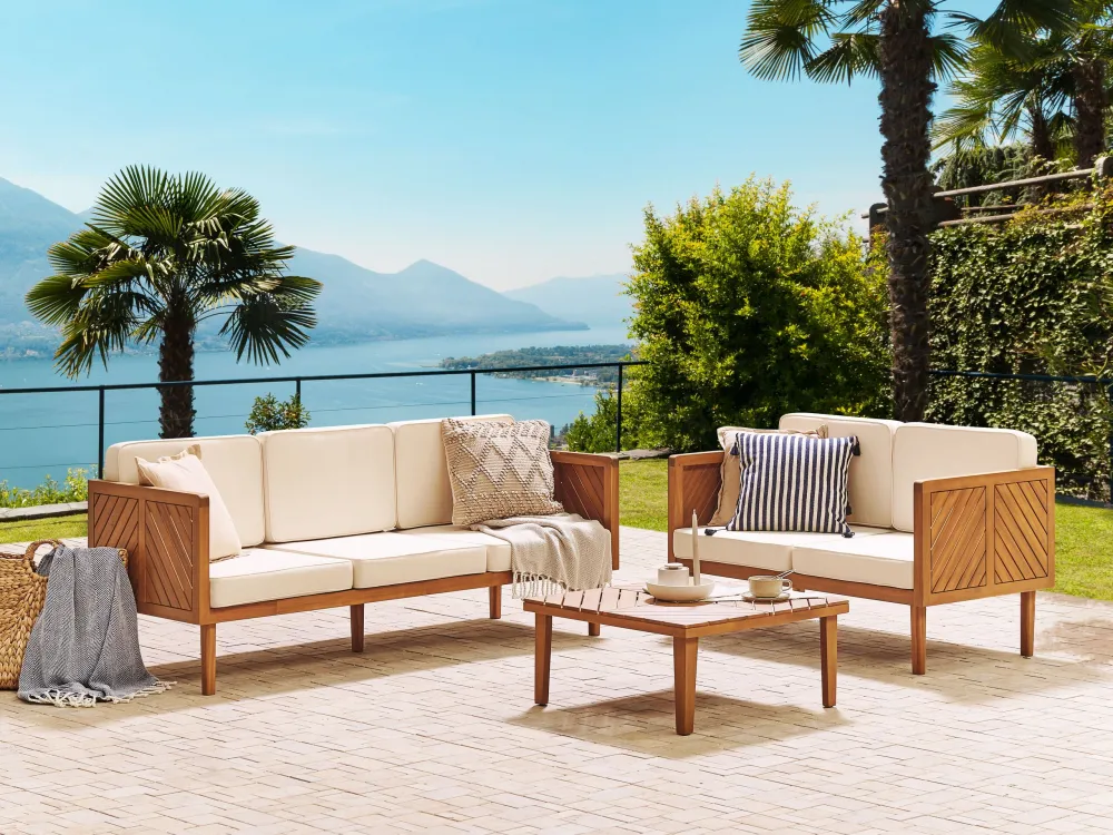 Garden Sofa BARATTI Acacia Wood Light Wood 3 Seater Materiale Alluminio Anodizzato