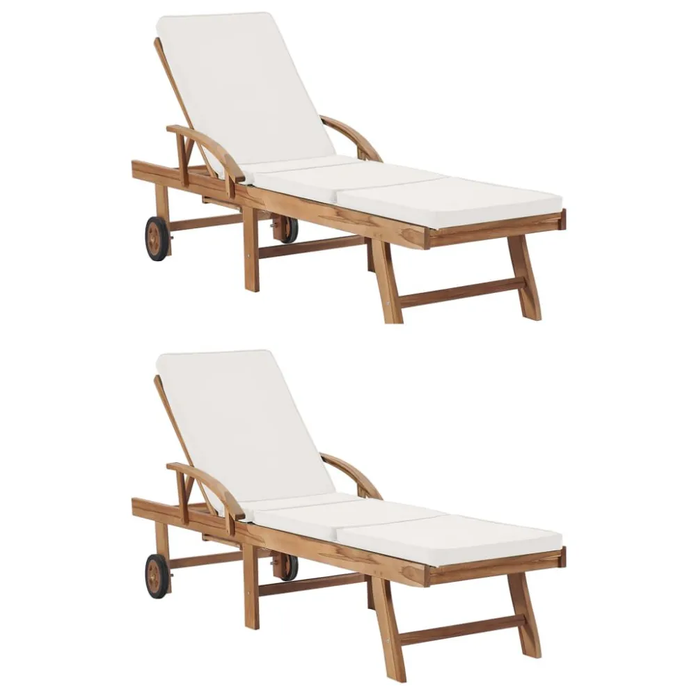 Lettini Prendisole con Cuscini 2 pz Legno di Teak Crema con Portabicchiere Integrato