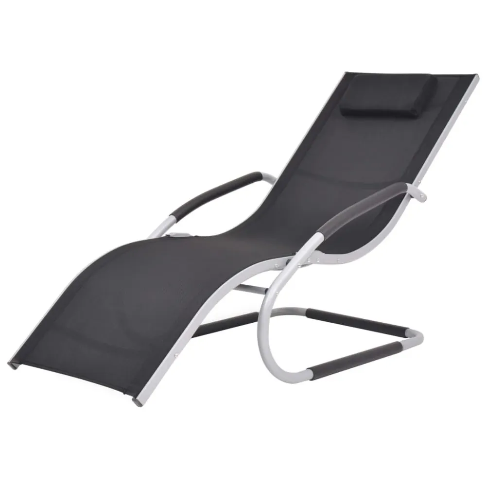 Lettino Prendisole con Cuscino Alluminio e Textilene Nero con Rivestimento Tessuto