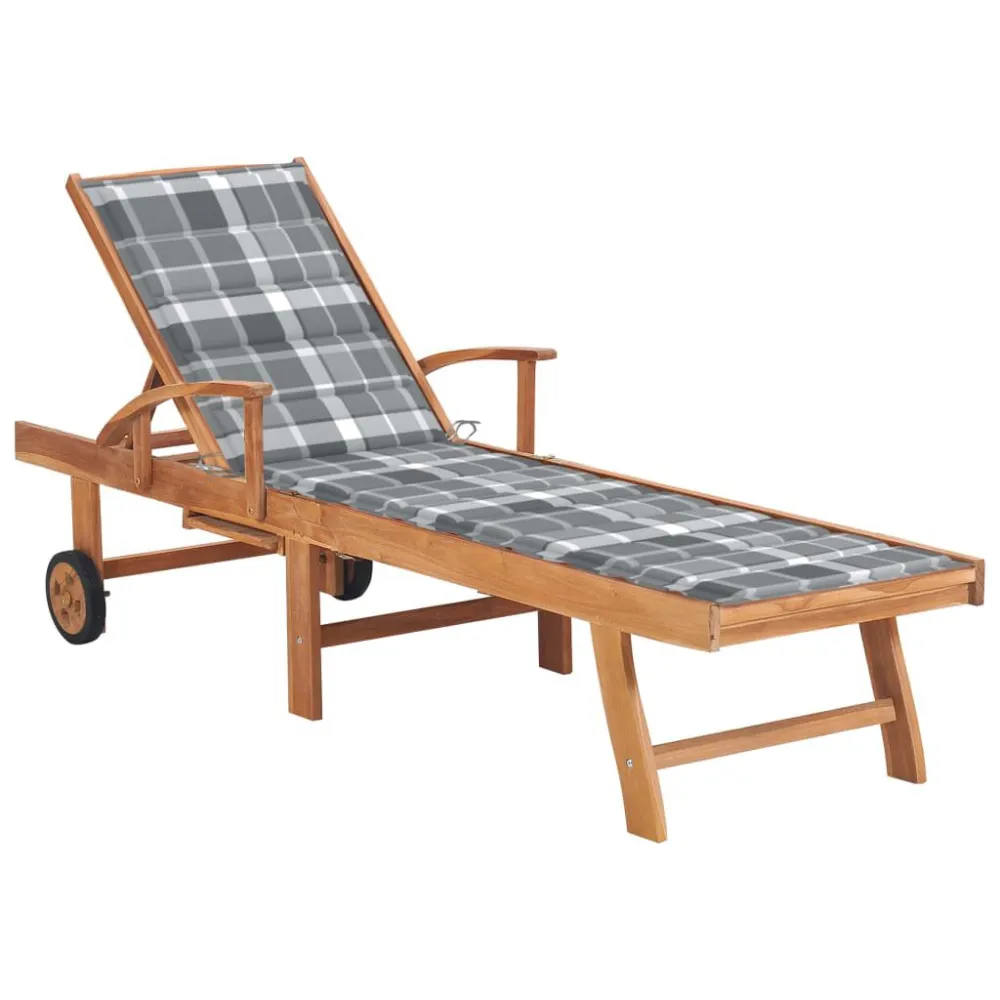 Lettino Prendisole con Cuscino Grigio Quadretti Legno di Teak con Sistema di Montaggio Rapido