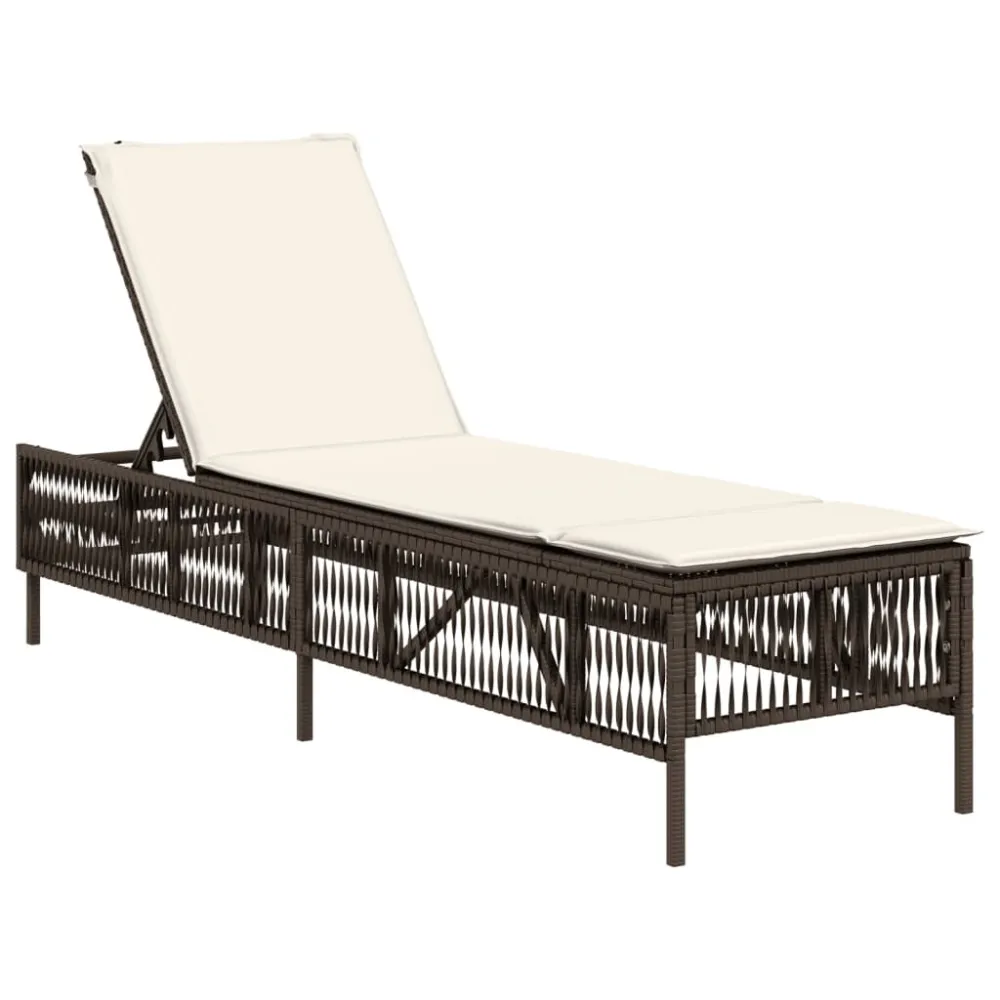 Lettino Prendisole con Cuscino Marrone Polyrattan con Portabicchiere Integrato