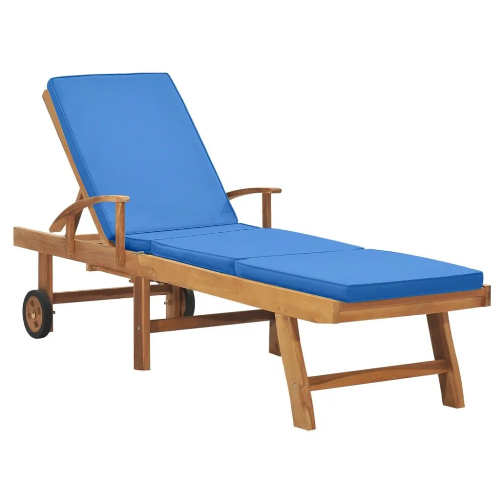Lettino Prendisole con Cuscino Massello di Teak Blu con Struttura Acciaio