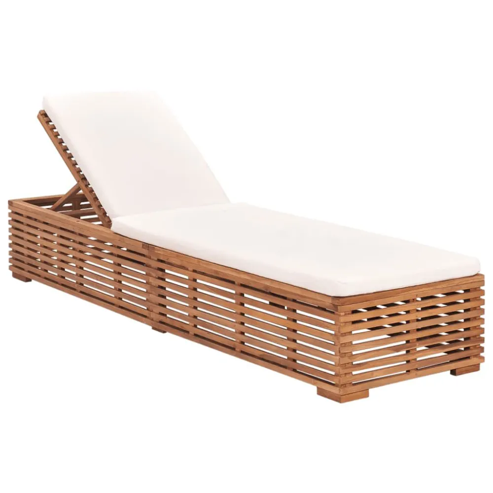 Lettino Prendisole con Cuscino Massello di Teak Crema con Portabicchiere Integrato
