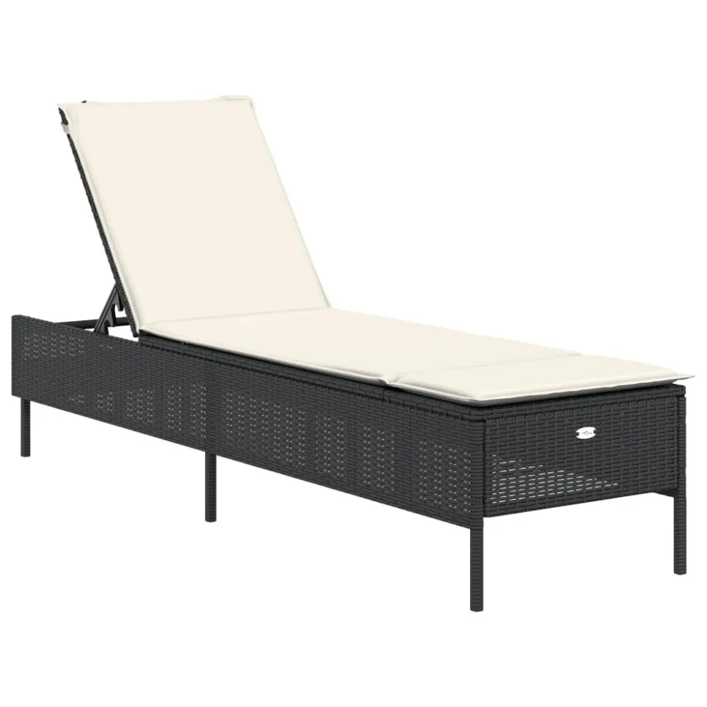 Lettino Prendisole con Cuscino Nero Polyrattan con Cuscino Estraibile