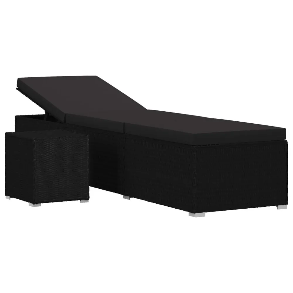 Lettino Prendisole con Cuscino e Tavolino Polyrattan Nero con Portabicchiere Integrato