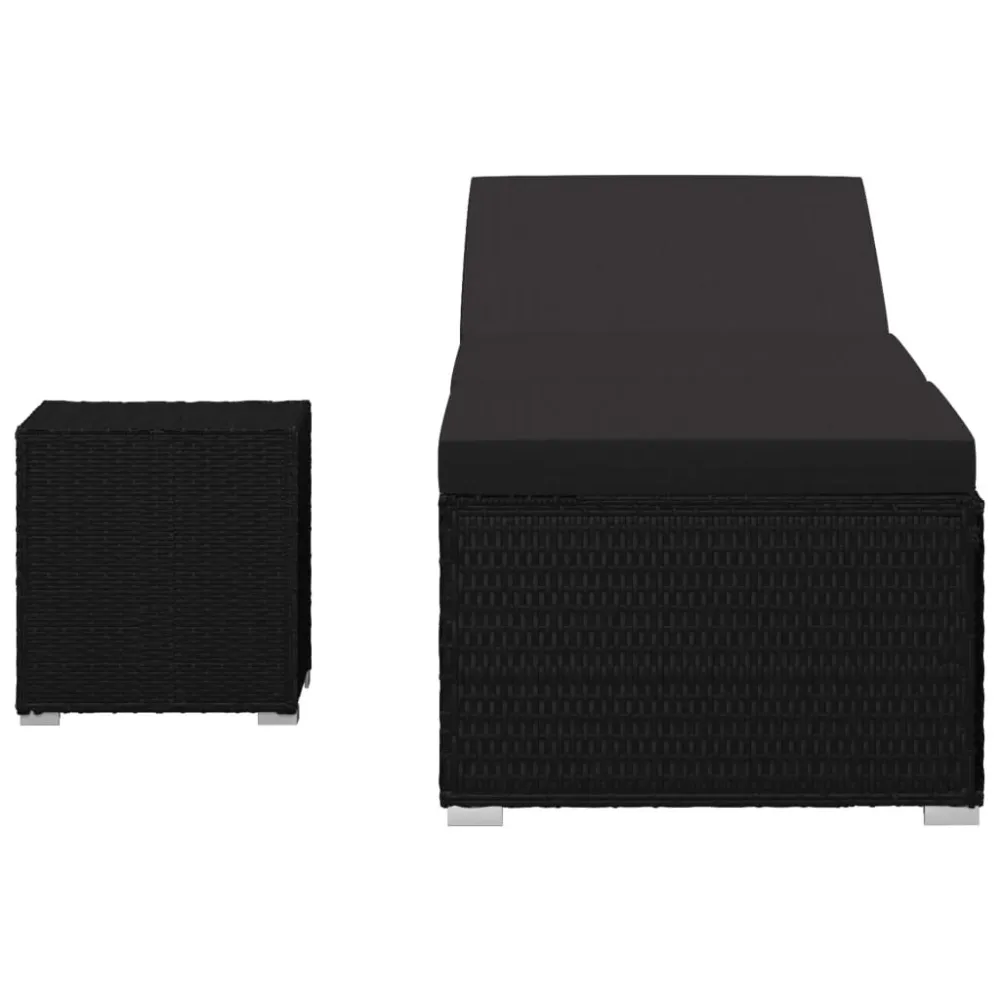 Lettino Prendisole con Cuscino e Tavolino Polyrattan Nero con Portabicchiere Integrato