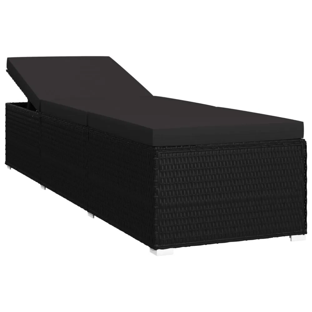Lettino Prendisole con Cuscino e Tavolino Polyrattan Nero con Portabicchiere Integrato