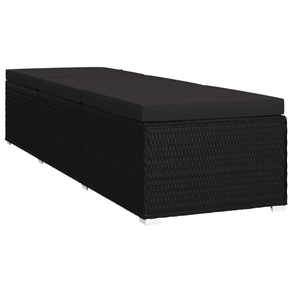 Lettino Prendisole con Cuscino e Tavolino Polyrattan Nero con Portabicchiere Integrato