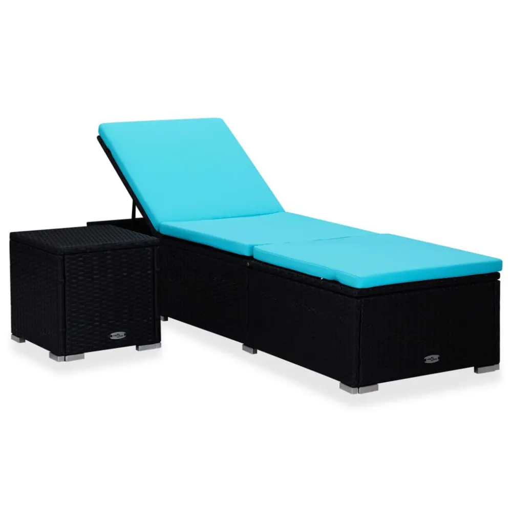 Lettino Prendisole con Cuscino e Tavolino Polyrattan Blu - Impermeabile e UV Resistente