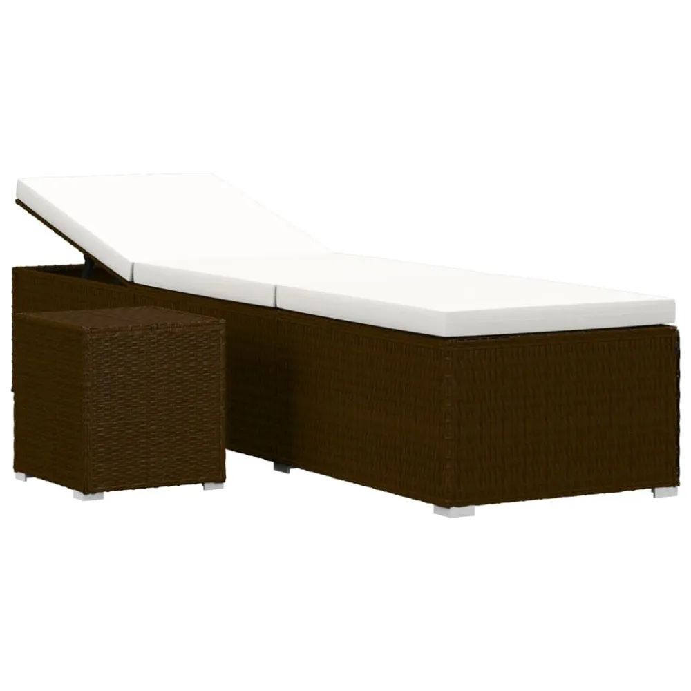 Lettino Prendisole con Cuscino e Tavolino Polyrattan Marrone con Rivestimento Tessuto